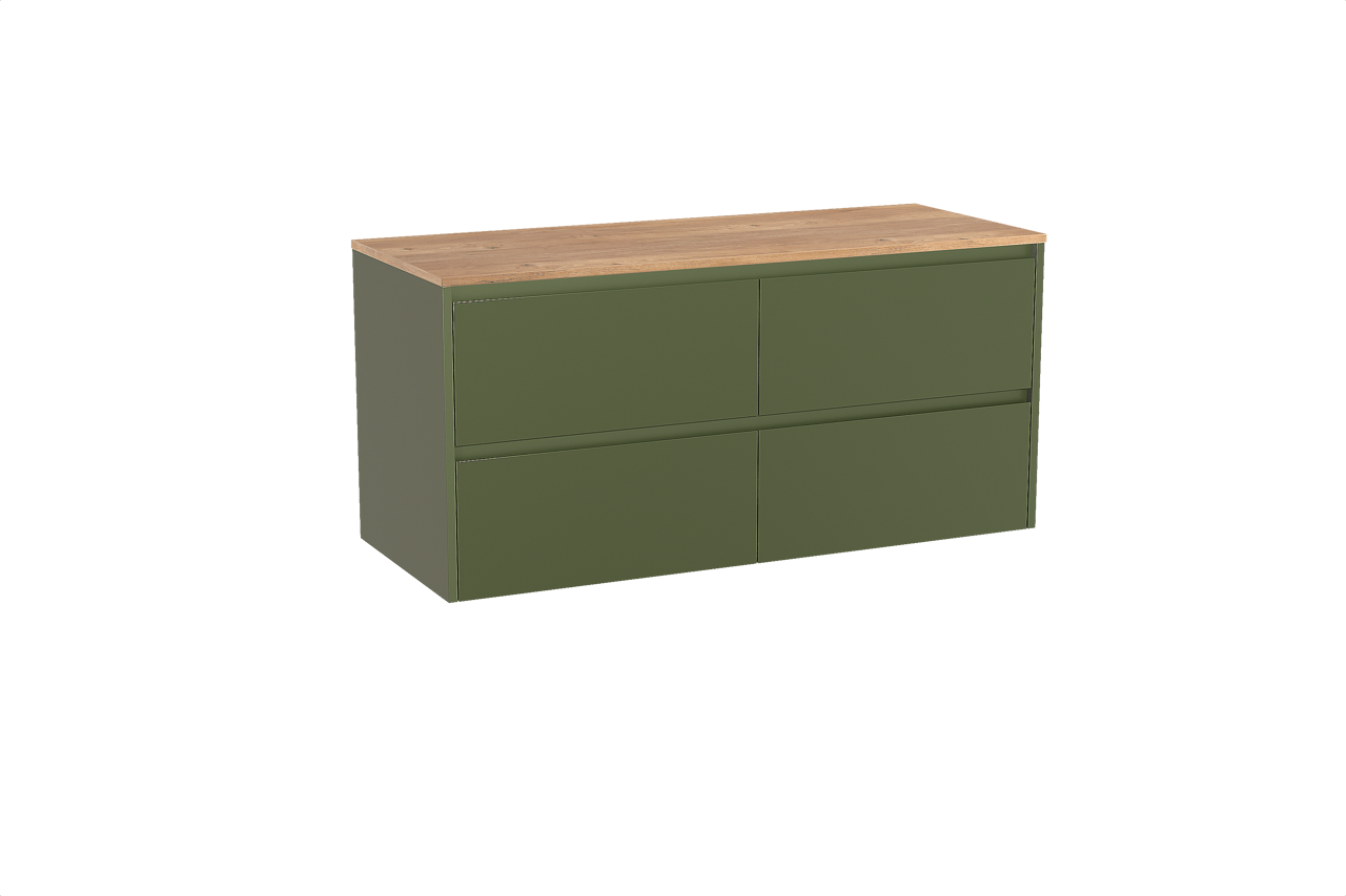 Storke Seda meuble salle de bains suspendu 130 x 52 cm vert olive avec Panton tablette simple ou double en mélaminé chêne brut