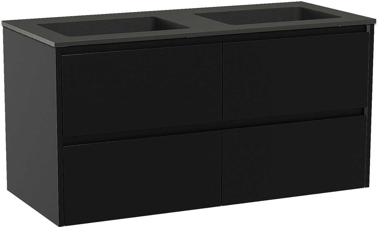 Storke Seda zwevend badmeubel 120 x 52 cm mat zwart met Scuro dubbele wastafel in kwarts mat zwart