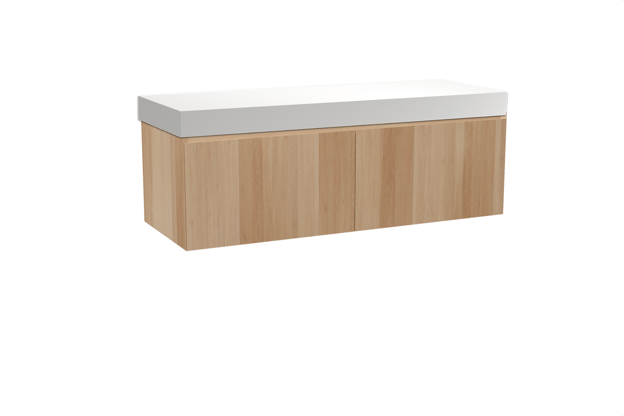 Balmani Idra meuble salle de bains suspendu 150 x 55 cm chêne naturel avec Dominus tablette simple ou double en solid surface blanc mat