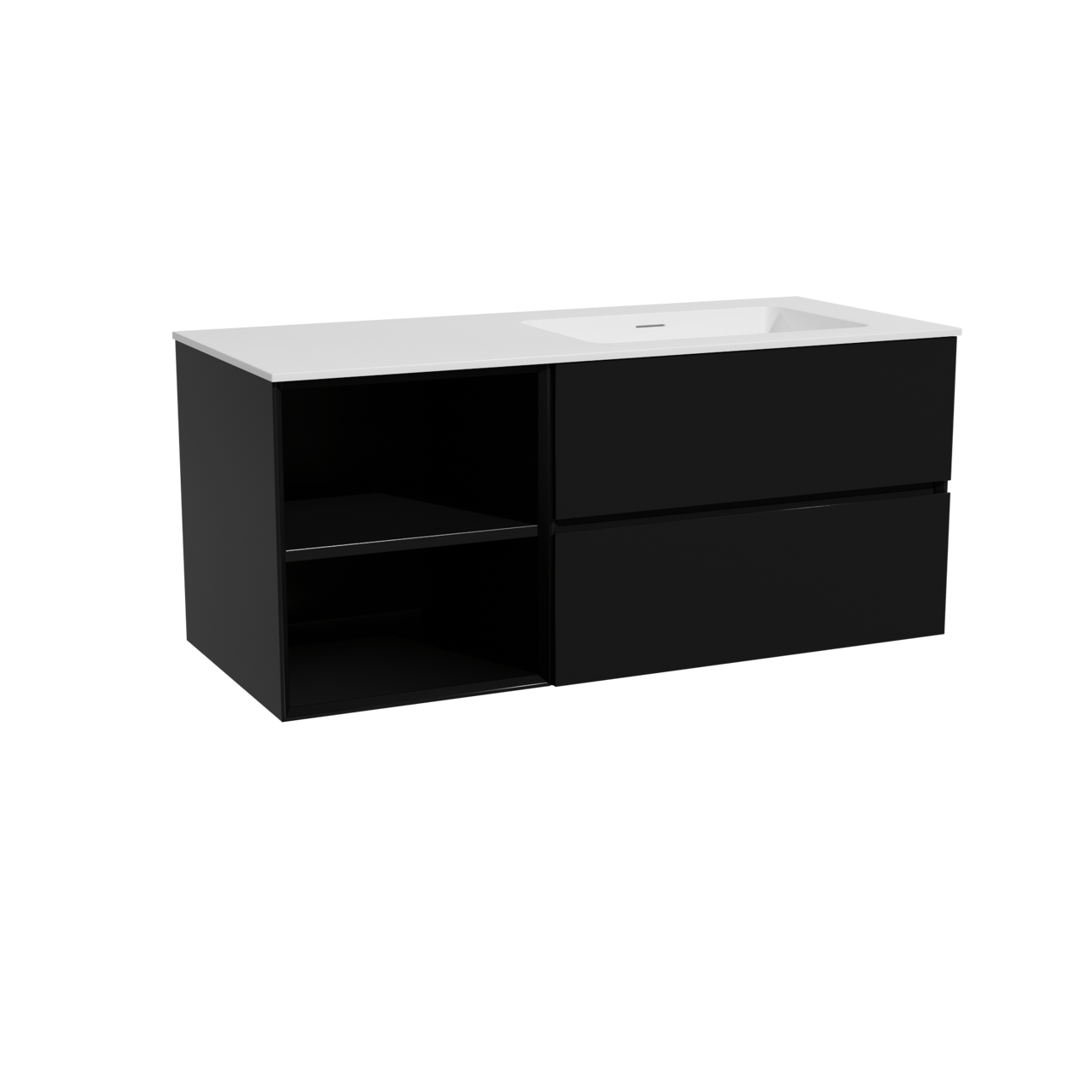 Storke Edge meuble salle de bains suspendu 120 x 52 cm noir mat avec Mata plan vasque asymétrique à droite en solid surface blanc mat