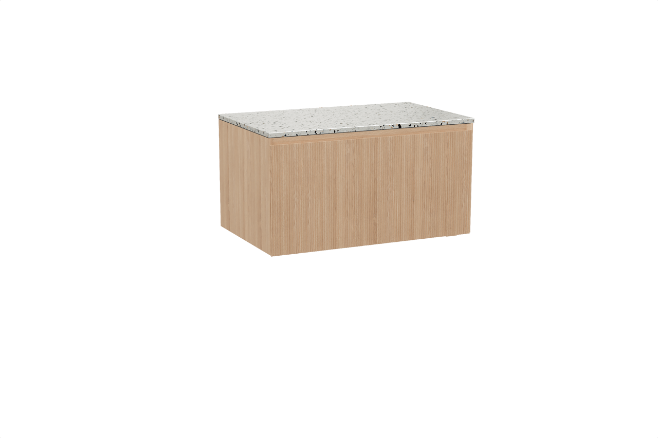 Balmani Fila hängendes Möbelstück Set: 90 x 55 cm, Naturbelassene Eiche, mit Stretto Einzel Waschtischplatte, Terrazzo in Weiß/Schwarz matt, Vertikale symmetrische gerade Rippe