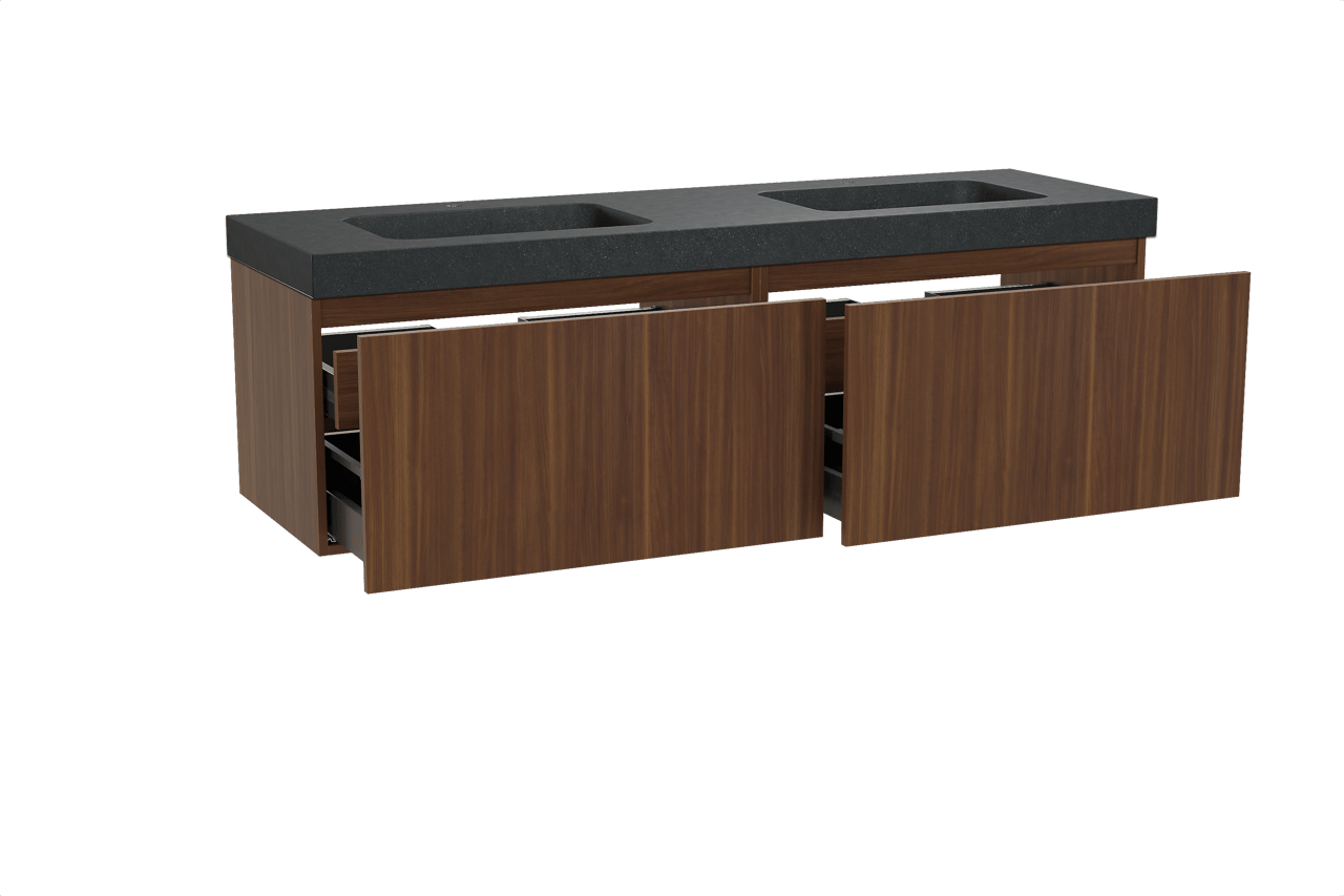 Balmani Sfera hängendes Möbelstück Set: 180 x 55 cm, Amerikanischer Nussbaum, mit Napoli Doppelwaschtisch, Schwarzes Granit