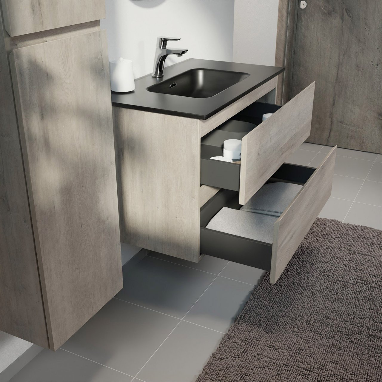 Linie Lado hängendes Möbelstück Set: 80 x 46 cm, Graue Eiche, mit Baro Einzelwaschtisch, Porzellan Schwarz matt