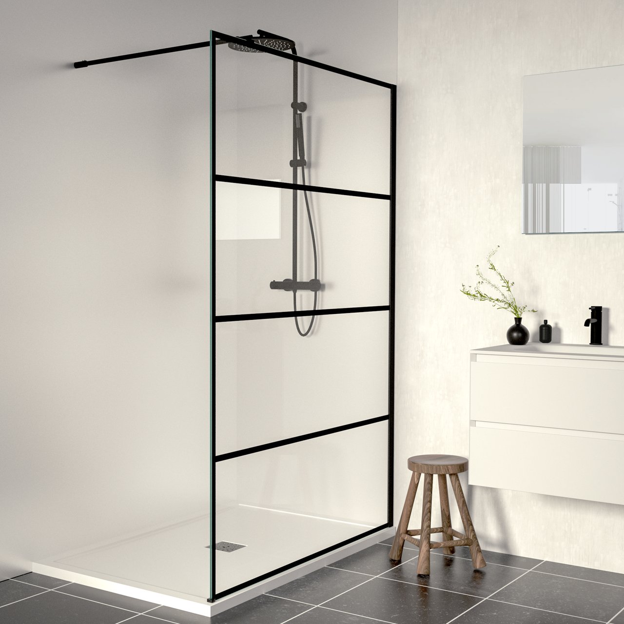 Linie Walk-In inloopdouche 140 x 200 cm stripes glas mat zwart profiel