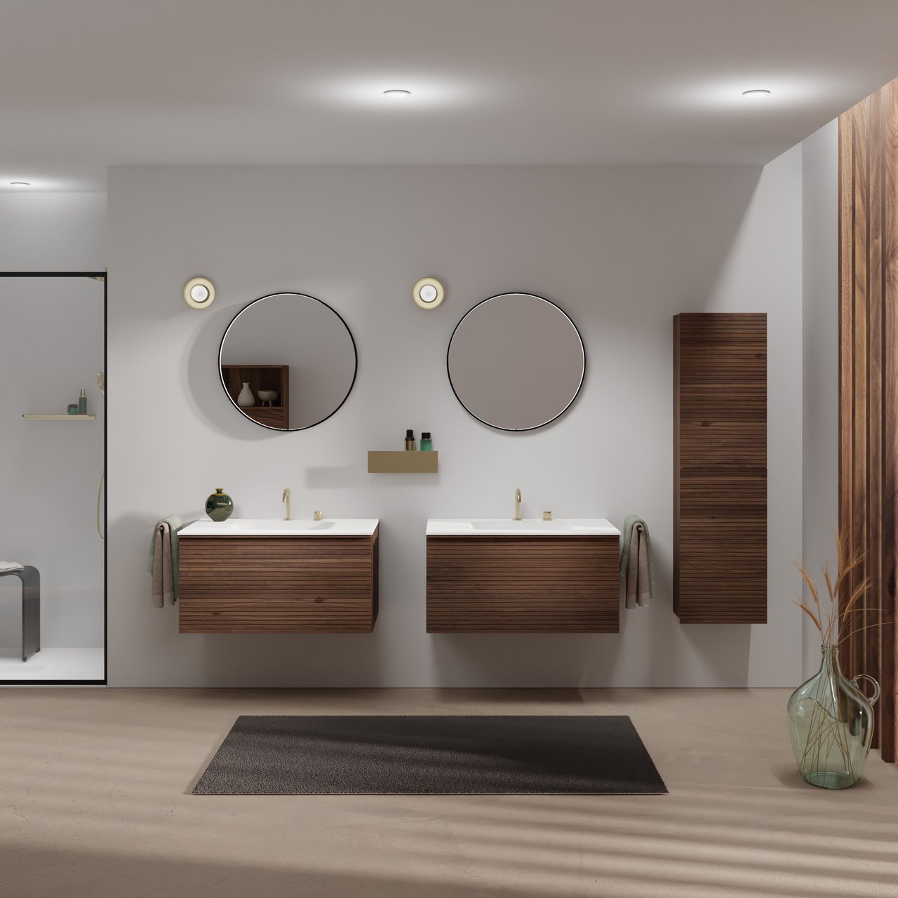 Balmani Forma hängendes Möbelstück Set: 90 x 55 cm, Amerikanischer Nussbaum, mit Tablo Arcato Einzelwaschtisch, Solid Surface, Weiß matt, Horizontale symmetrische gerade Rippe