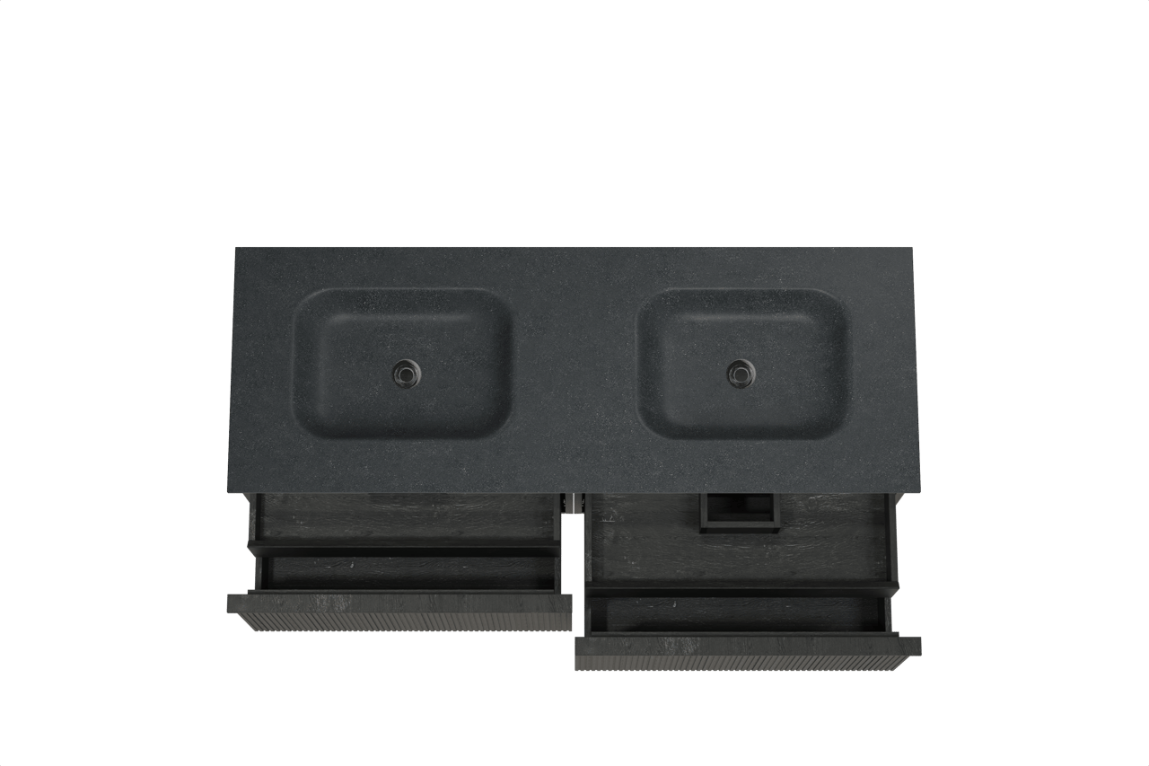 Balmani Forma meuble salle de bains suspendu 150 x 55 cm chêne noir avec Tablo Arcato double vasque en granit noir, Nervure droite symétrique verticale
