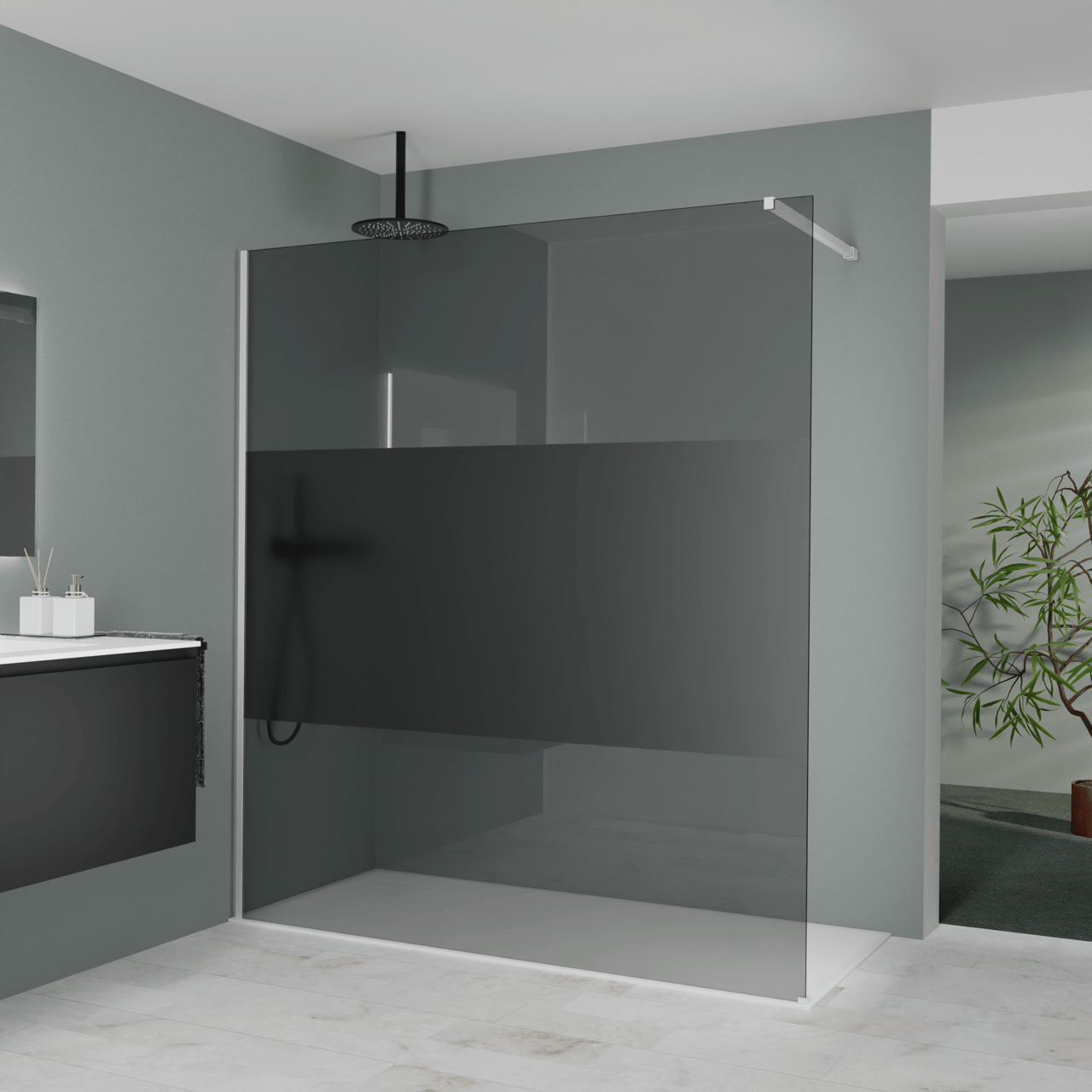 Balmani Modular inloopdouche: 180 x 200 cm, Rookglas met matte strook, Mat witte profielen