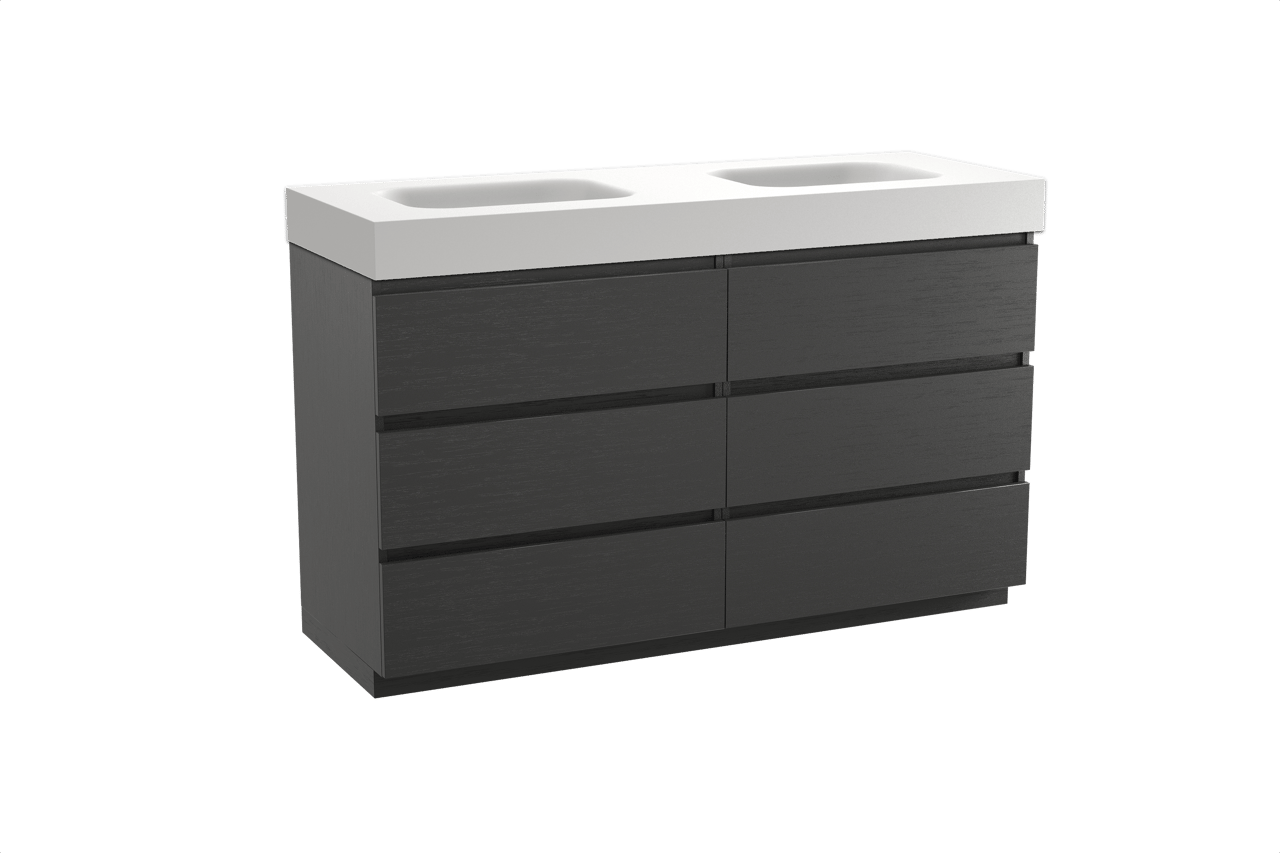 Balmani Lucida staand badkamermeubel 150 x 55 cm zwarte eik met Arcato dubbele wastafel in solid surface mat wit