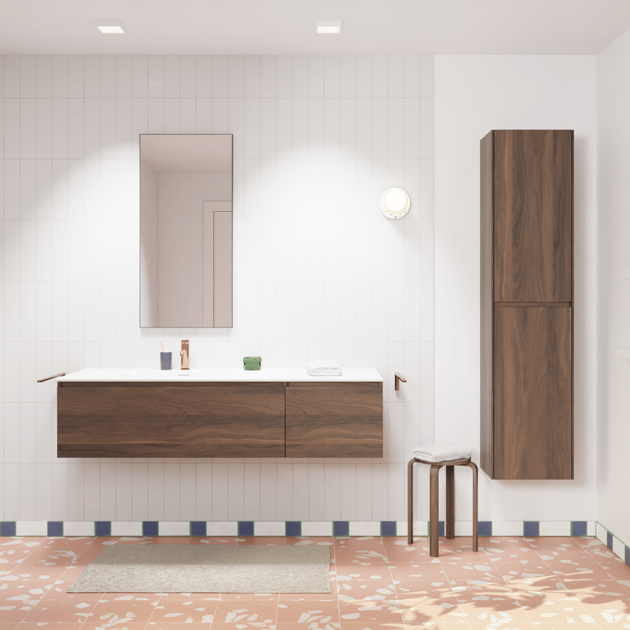 Storke Edge hängendes Möbelstück Set: 150 x 52 cm, Nussbaum, mit Mata Waschtisch links, Solid Surface Weiß matt