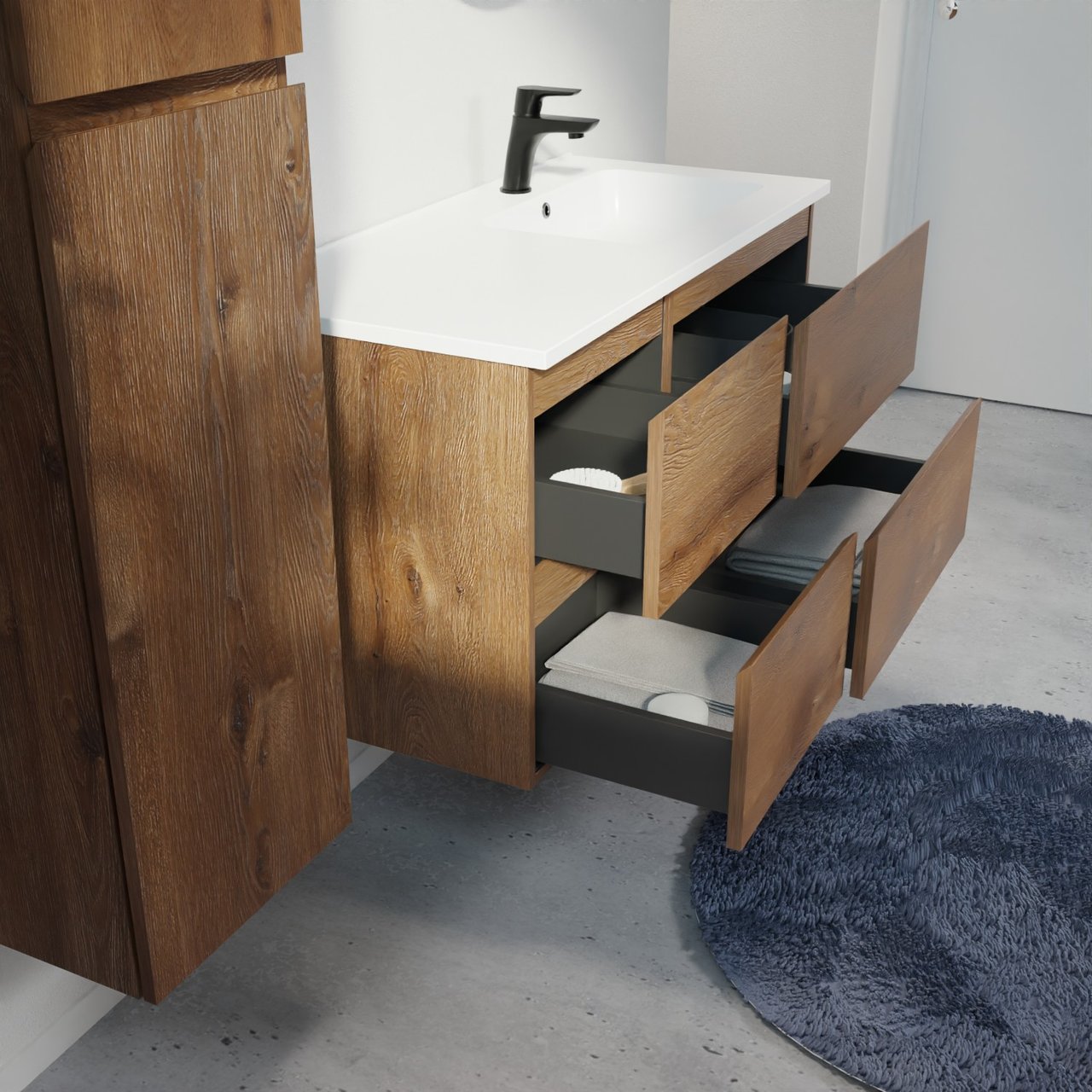 Linie Lado zwevend badkamermeubel 100 x 46 cm bruine eik met Vano asymmetrisch rechtse wastafel in composietmarmer mat wit