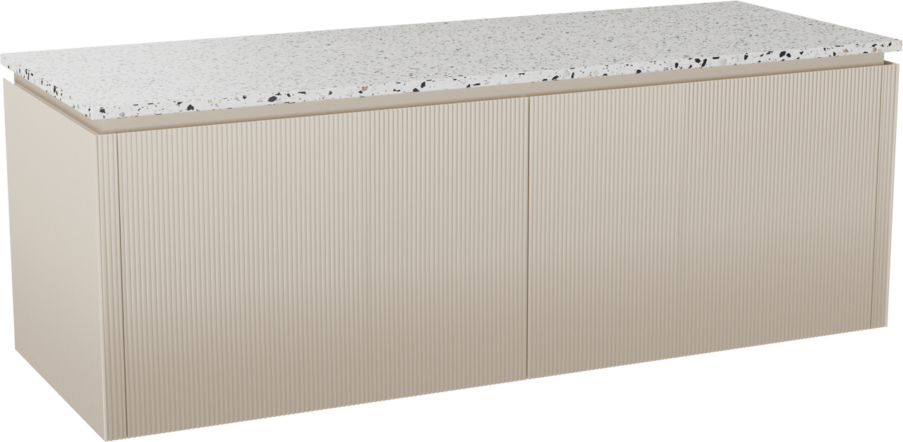Balmani Eclips meuble salle de bains suspendu 150 x 55 cm Sandbeige avec Stretto tablette simple ou double en Bianco Nero Terrazzo, Nervure droite symétrique verticale