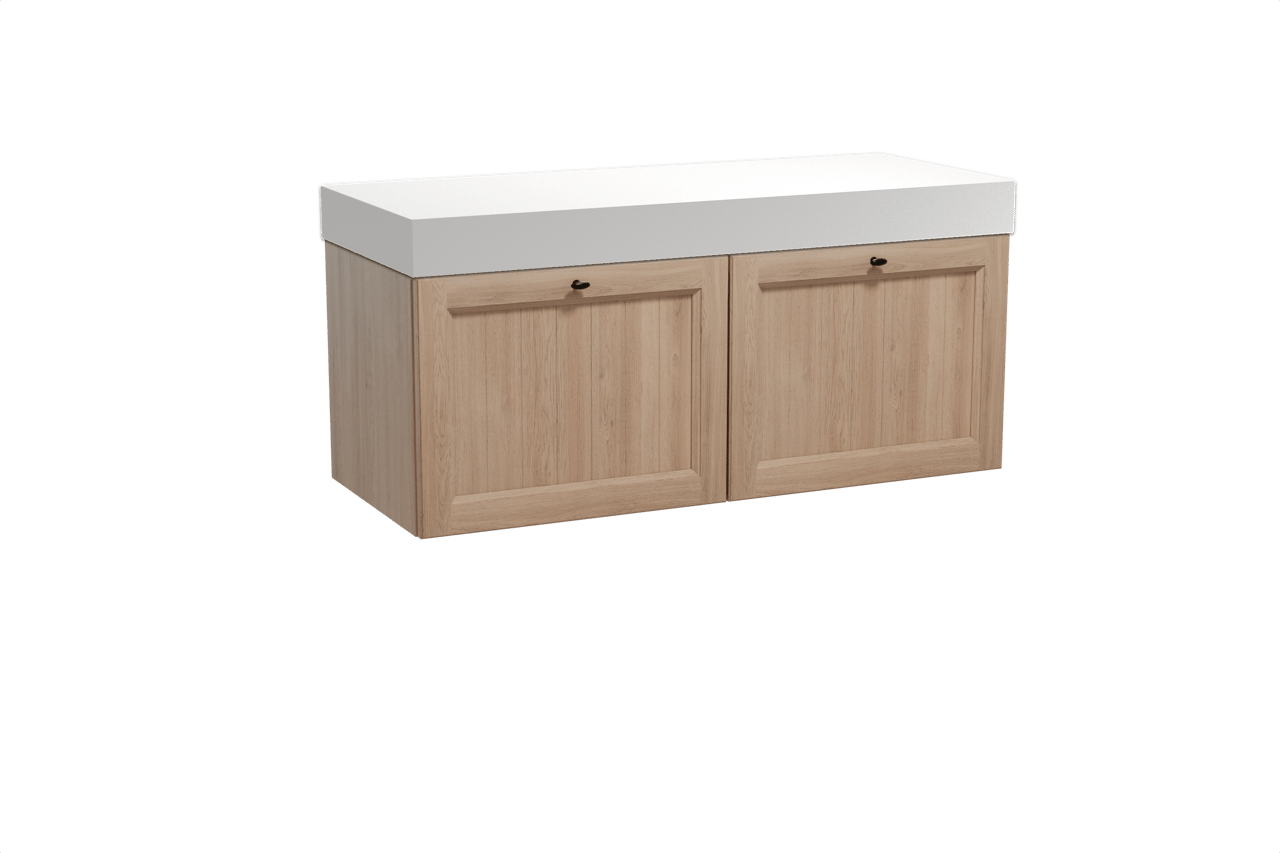 Balmani Lemon hängendes Möbelstück Set: 135 x 55 cm, Verwitterte Eiche, mit Dominus Einzel- oder Doppel Waschtischplatte, Solid Surface Weiß matt