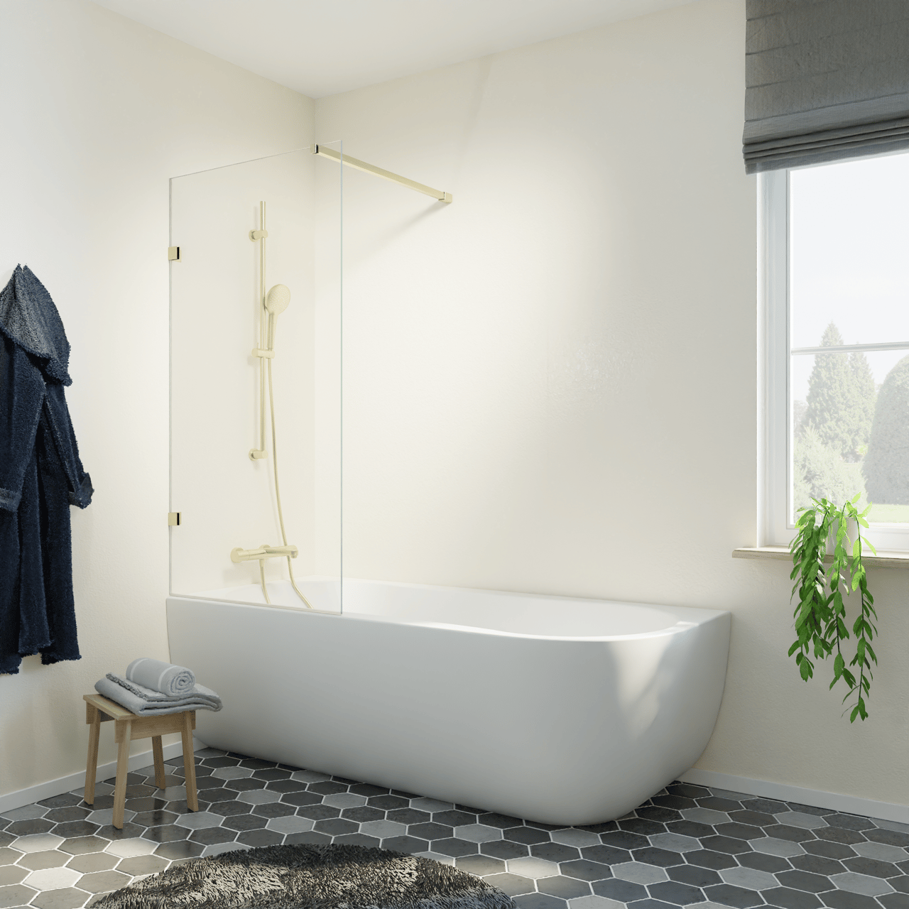 Luca Varess Solid badwand 80 cm helder glas geborsteld Champagne Gold profiel