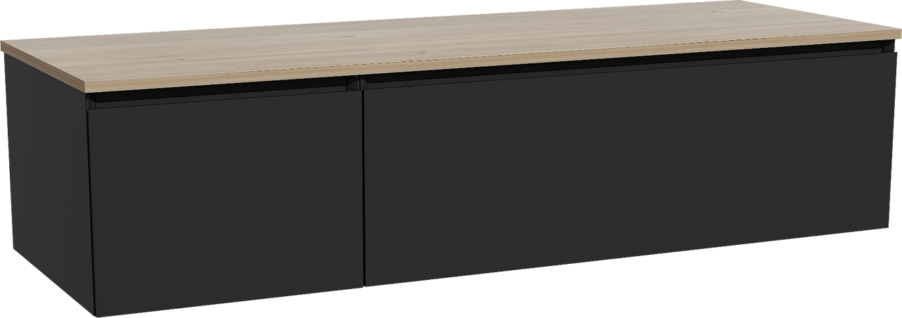 Storke Edge zwevend badmeubel 150 x 52 cm mat zwart met Panton enkel of dubbel wastafelblad in melamine ruw eiken