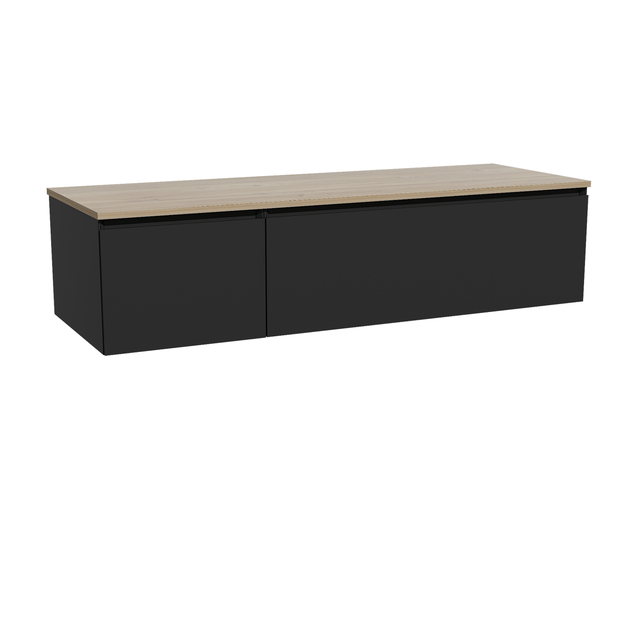 Storke Edge hängendes Möbelstück Set: 150 x 52 cm, Schwarz matt, mit Panton Einzel- oder Doppel Waschtischplatte, Melamin Rohe Eiche