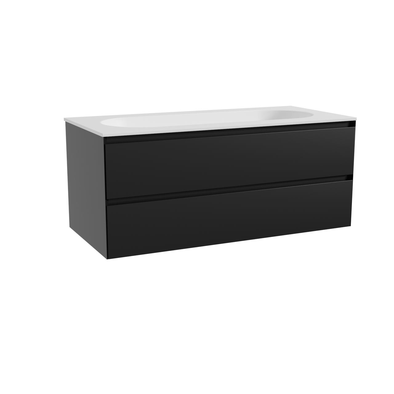 Balmani Mitra hängendes Möbelstück Set: 120 x 55 cm, Schwarz matt, mit Tablo Oval Einzelwaschtisch für 2 Armaturenlöcher, Solid Surface Weiß matt