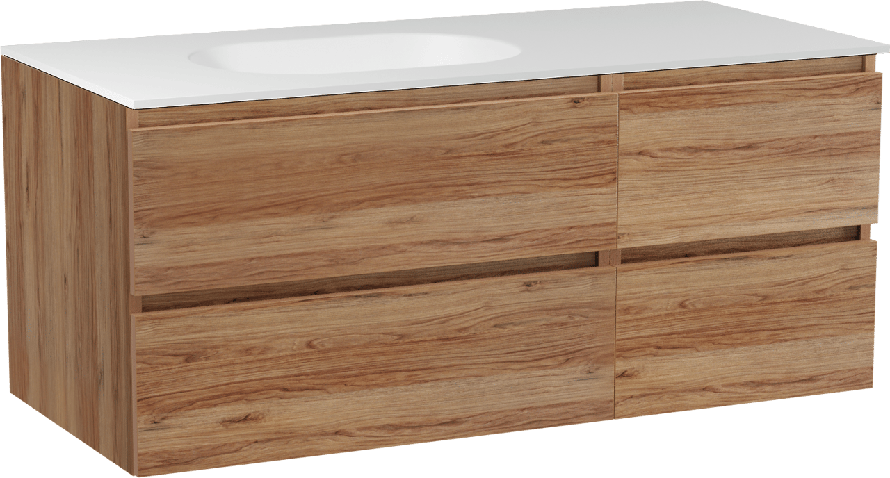 Balmani Lucida hängendes Möbelstück Set: 120 x 55 cm, Teak, mit Tablo Oval Waschtisch links, Solid Surface Weiß matt