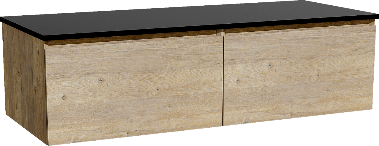 Storke Edge zwevend badkamermeubel 130 x 52 cm ruwe eik met Panton enkel of dubbel tablet in gepoedercoate mdf mat zwart