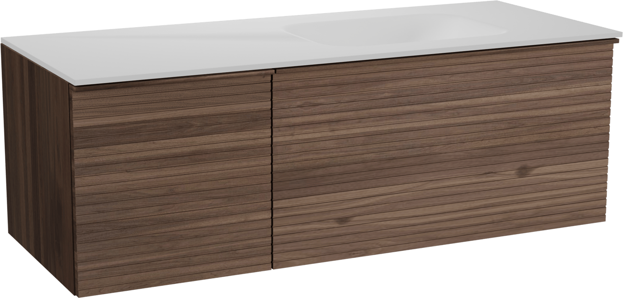 Balmani Forma hängendes Möbelstück Set: 135 x 55 cm, Amerikanischer Nussbaum, mit Tablo Arcato Waschtisch rechts, Solid Surface, Weiß matt, Horizontale symmetrische gerade Rippe