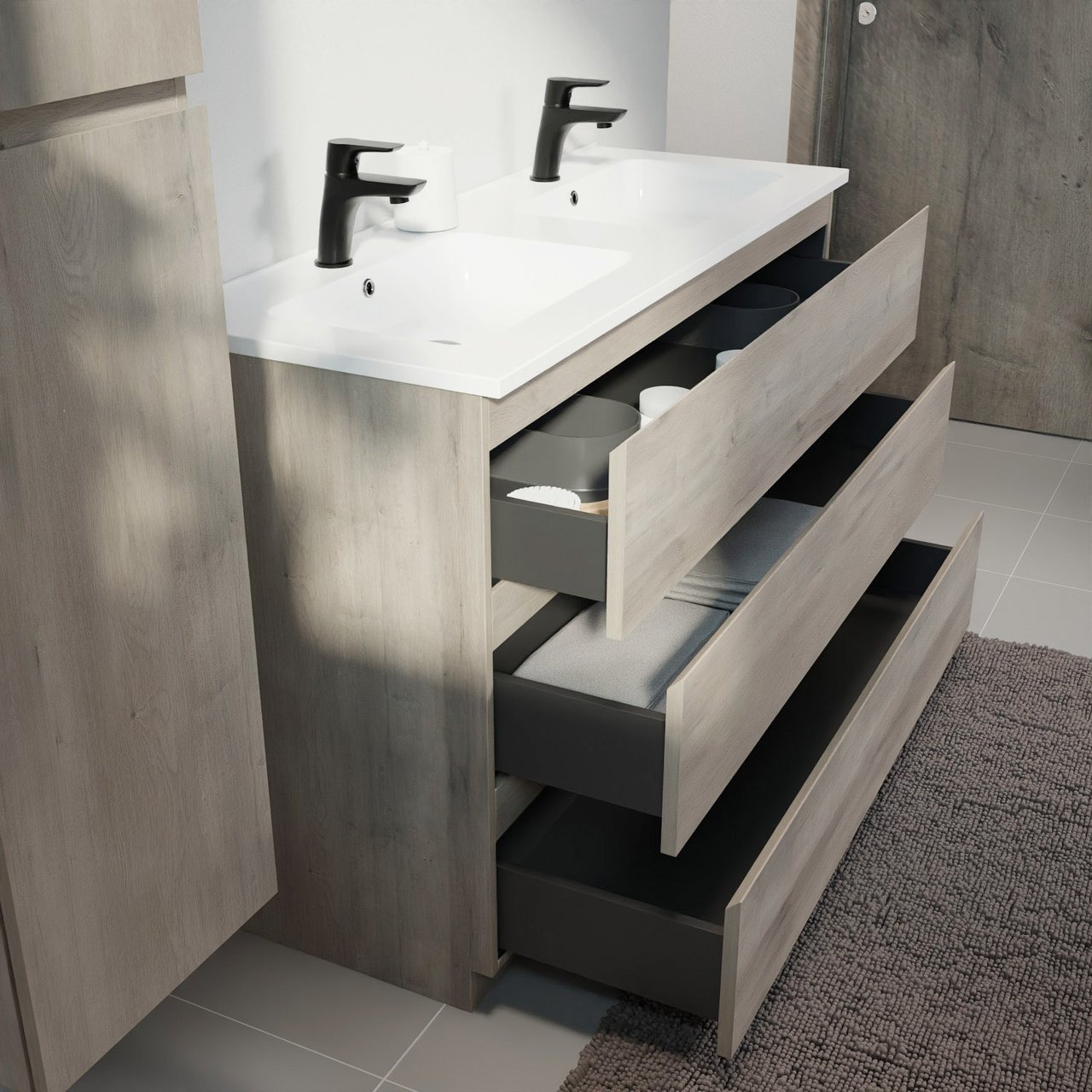 Linie Lado staand badmeubel 120 x 46 cm grijs eiken met Vano dubbele wastafel in composietmarmer hoogglans wit