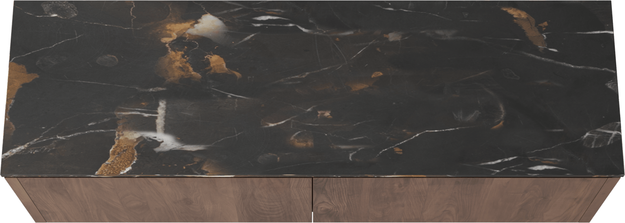 Balmani Eclips meuble salle de bains suspendu 180 x 55 cm Noyer américain avec Stretto tablette simple ou double vasque en Portoro Gold marbre