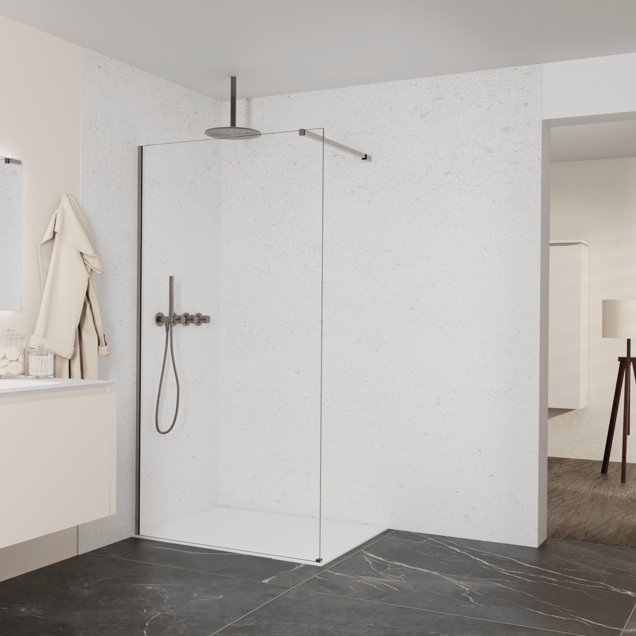 Balmani Modular douche à l'italienne: 110 x 200 cm, Verre transparent, avec coating, Profil Brushed GunMetal