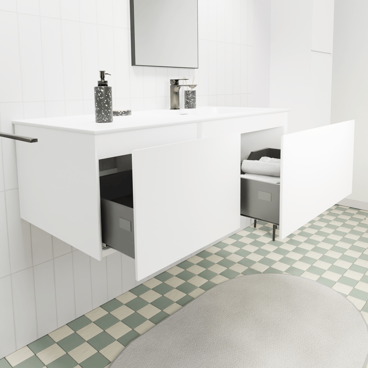 Storke Edge meuble salle de bains suspendu 110 x 52 cm blanc mat avec Mata plan vasque asymétrique à droite en solid surface blanc mat