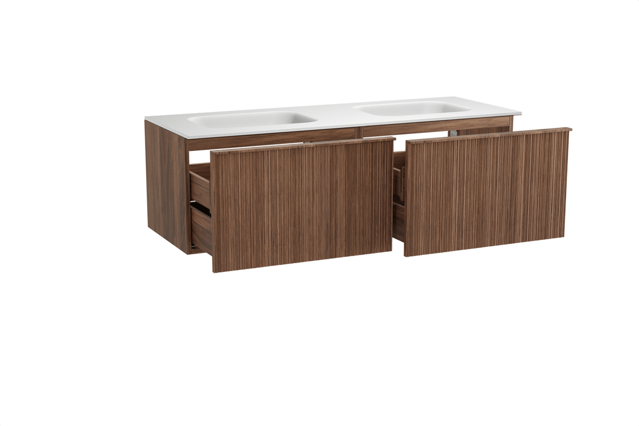 Balmani Forma zwevend badmeubel 150 x 55 cm amerikaans notenhout met Tablo Arcato dubbele wastafel in solid surface mat wit, Verticale asymmetrische ronde ribbel