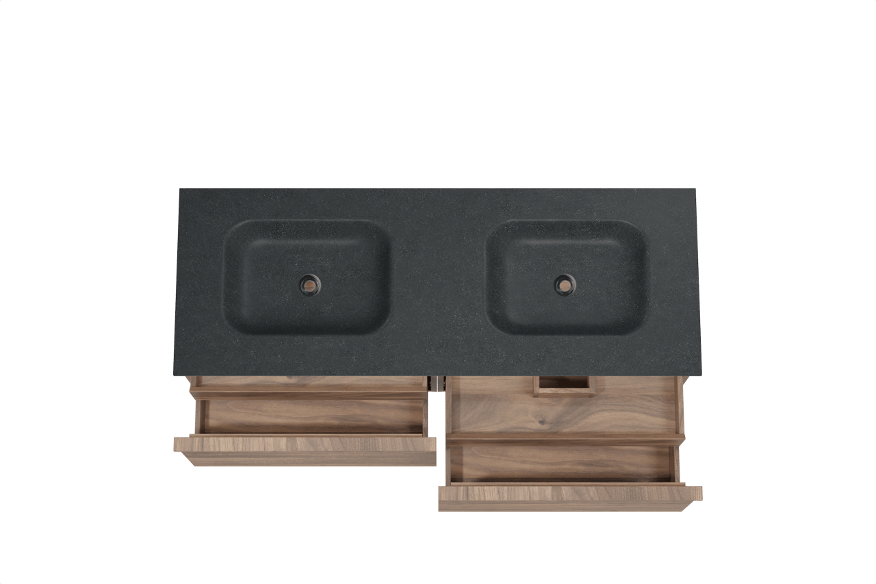 Balmani Forma meuble salle de bains suspendu 150 x 55 cm noyer américain avec Tablo Arcato double vasque en granit noir, Nervure droite symétrique horizontale