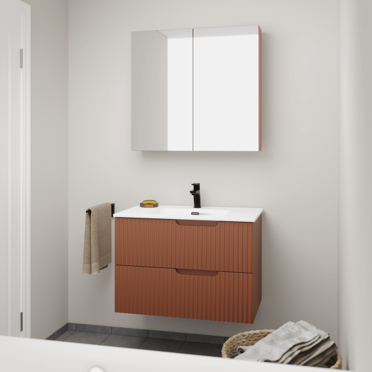Linie Ribbo zwevend badkamermeubel 80 x 46 cm cotto met Baro enkele wastafel in porselein glanzend wit, Verticale symmetrische ronde ribbel en Montro spiegelkast