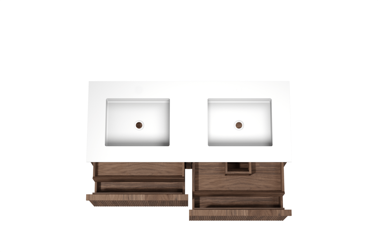 Balmani Forma hängendes Möbelstück Set: 135 x 55 cm, Amerikanischer Nussbaum, mit Tablo Stretto Doppelwaschtisch, Solid Surface, Weiß matt, Vertikale symmetrische gerade Rippe