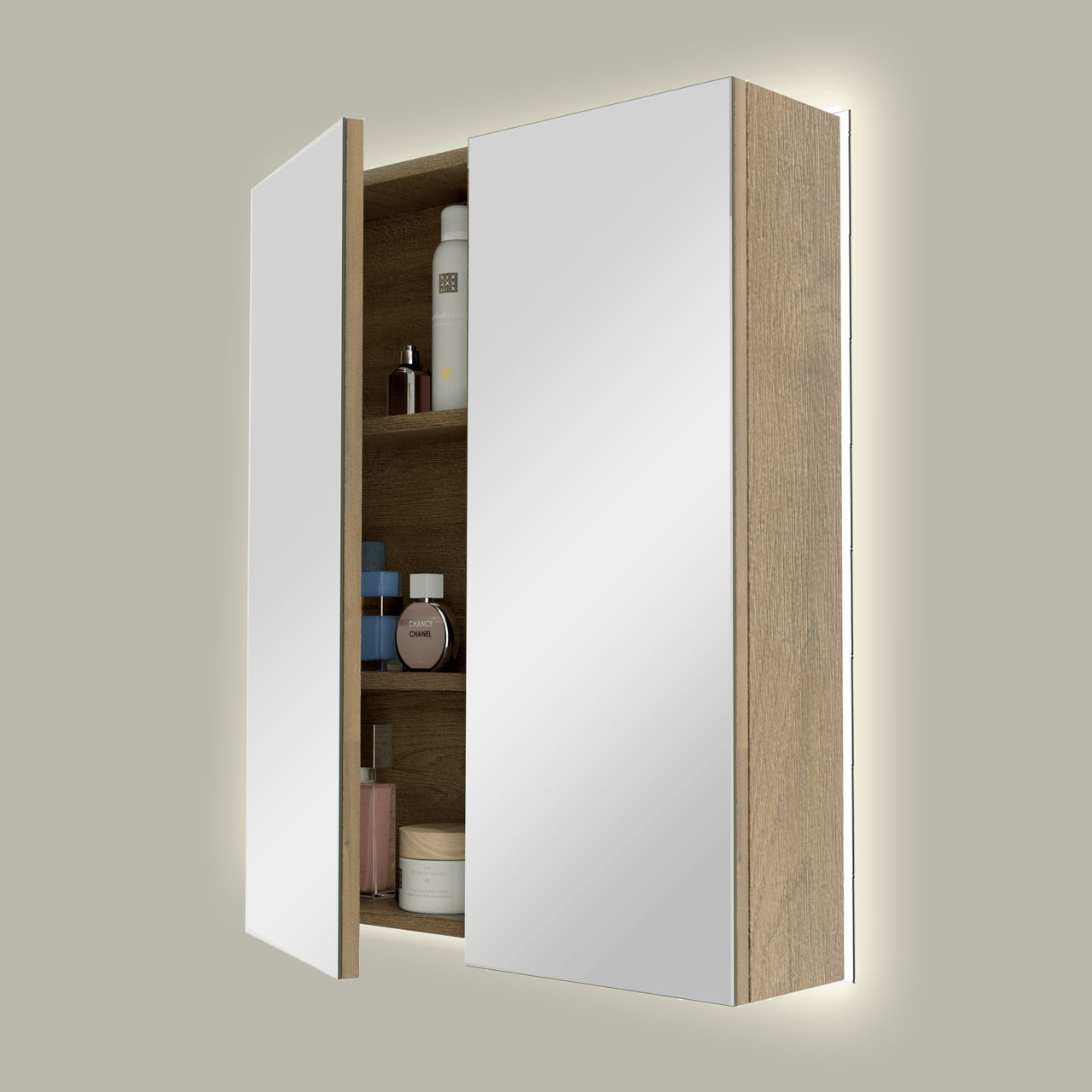 Linie Montro Spiegelschrank, 60 x 75 cm, Eiche Natur, mit Spiegelbeleuchtung