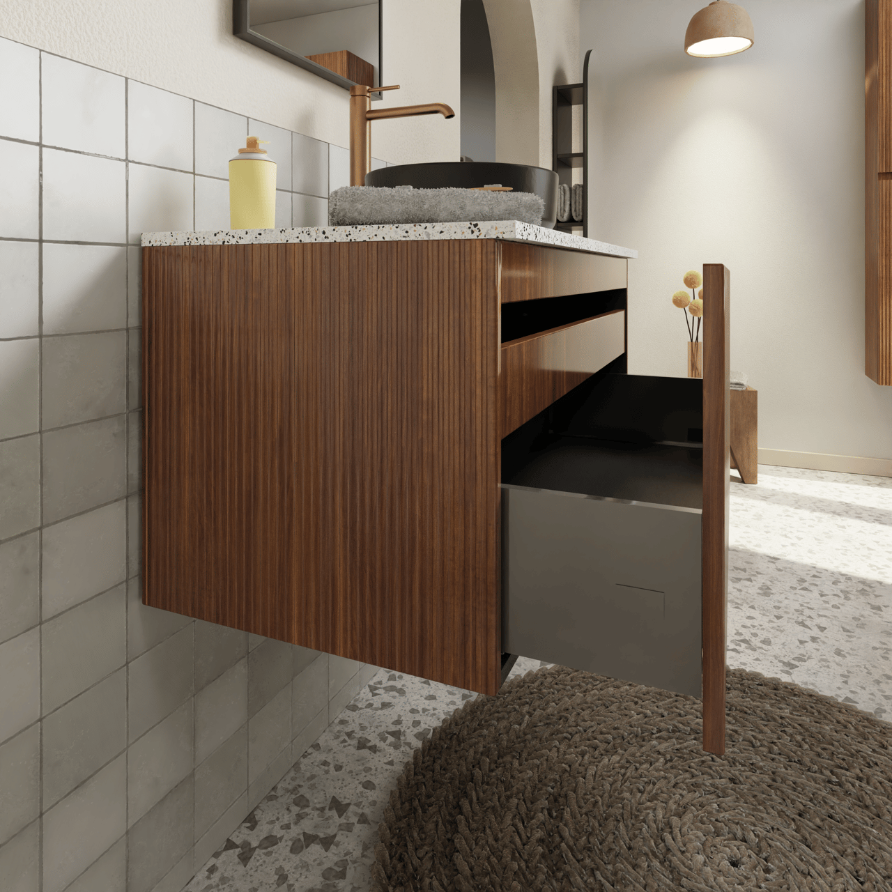 Storke Ribs meuble sous-vasque suspendu 95 x 52 cm noyer 2 tiroirs