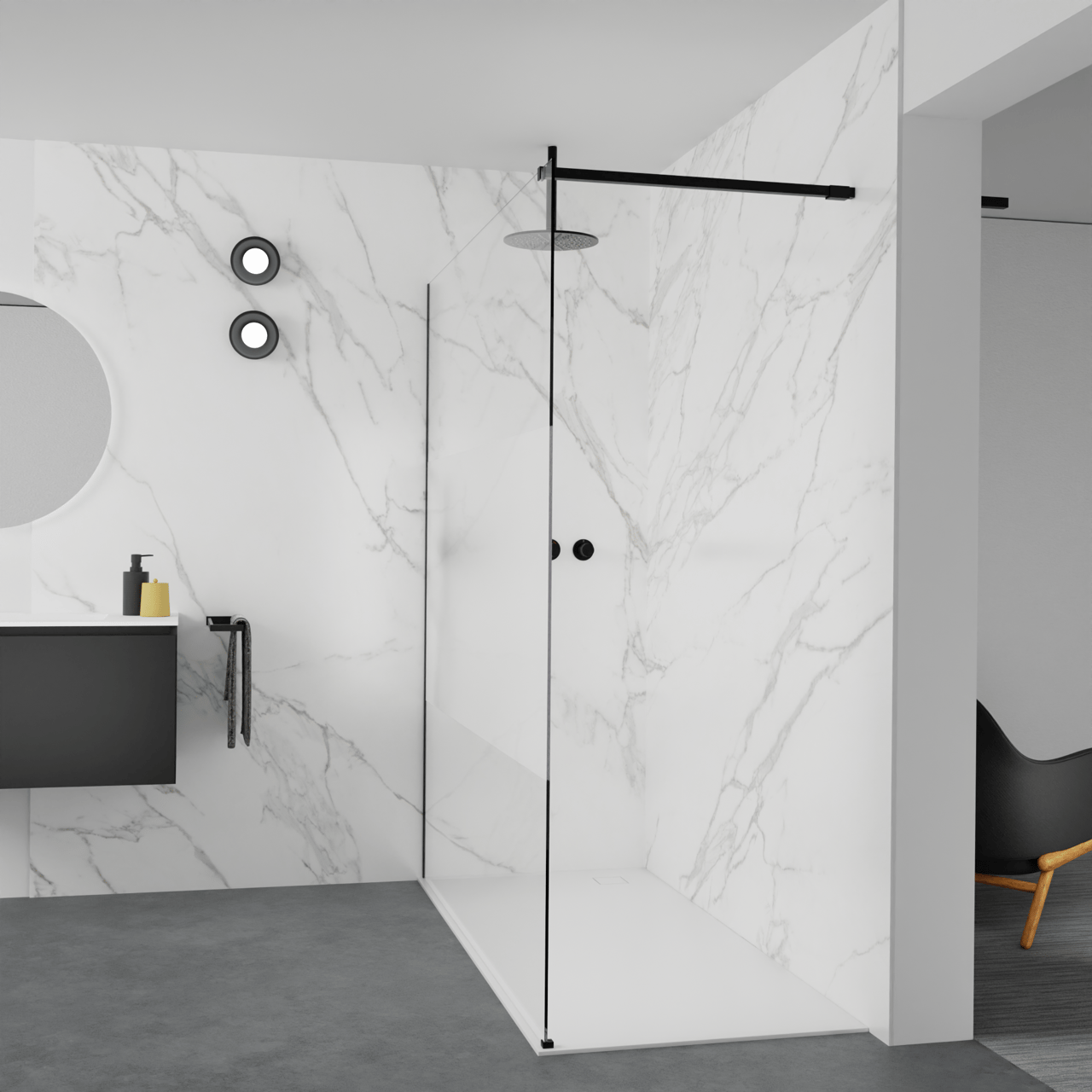 Balmani Modular Walk-In Dusche: 180 x 200 cm, Klarglas mit mattiertem Streifen, Profil Schwarz matt