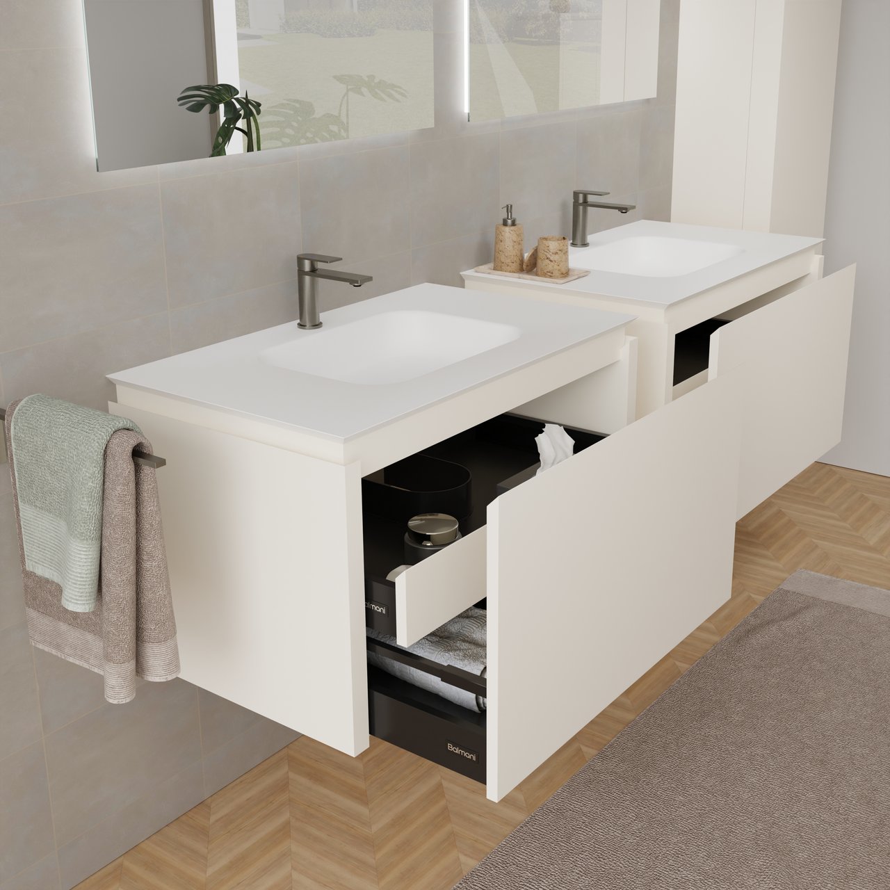 Balmani Eclips meuble salle de bains suspendu 90 x 55 cm Sandbeige avec Eclips plan simple en Solid Surface blanc mat