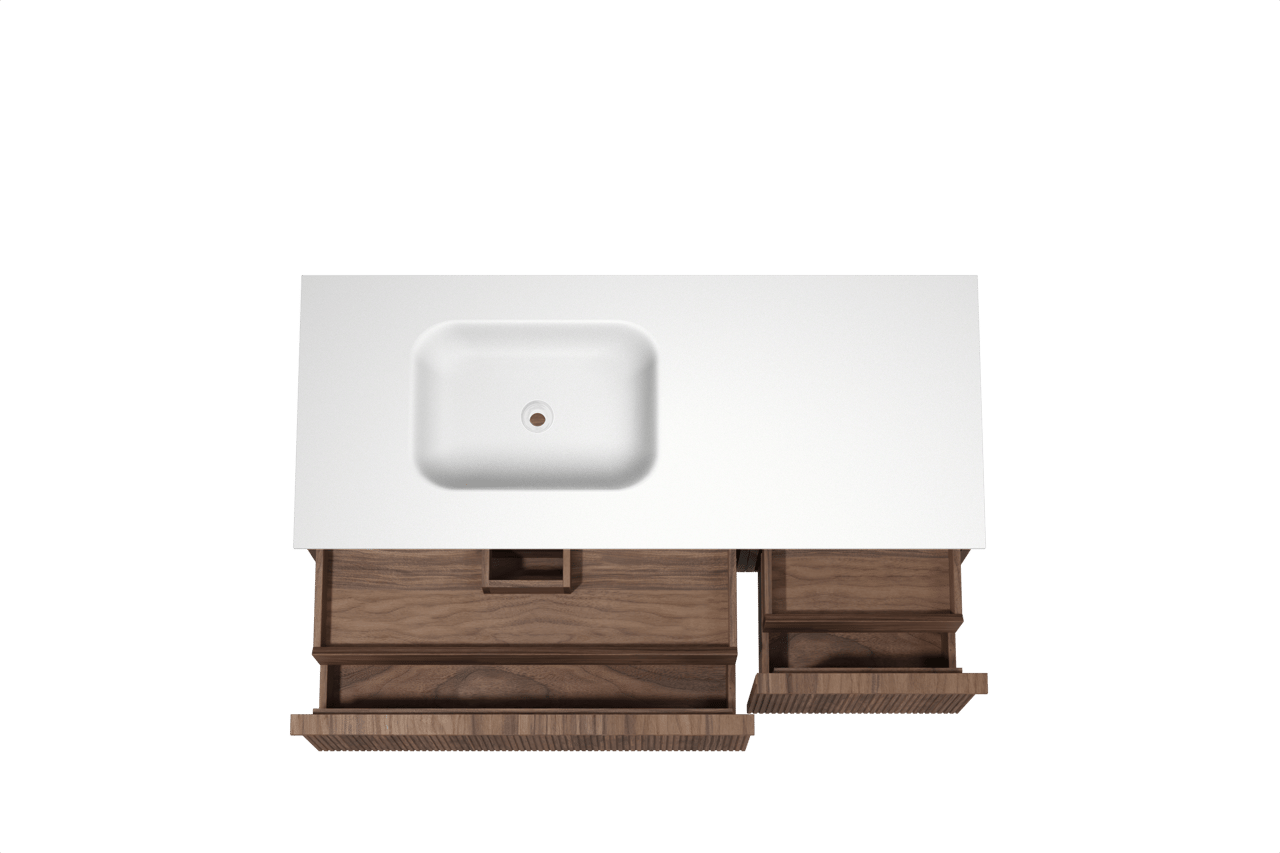 Balmani Forma hängendes Möbelstück Set: 135 x 55 cm, Amerikanischer Nussbaum, mit Tablo Arcato Waschtisch links, Solid Surface, Weiß matt, Vertikale symmetrische gerade Rippe