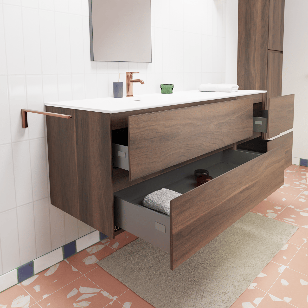 Storke Edge hängendes Möbelstück Set: 150 x 52 cm, Nussbaum, mit Mata Waschtisch links, Solid Surface Weiß matt