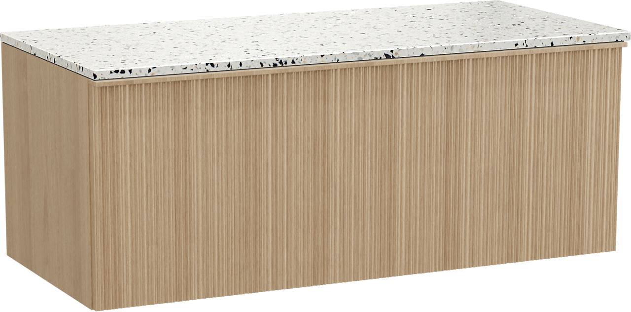 Balmani Forma meuble salle de bains suspendu 120 x 55 cm chêne naturel avec Stretto tablette simple ou double en blanc/noir mat terrazzo, Nervure circulaire asymétrique verticale