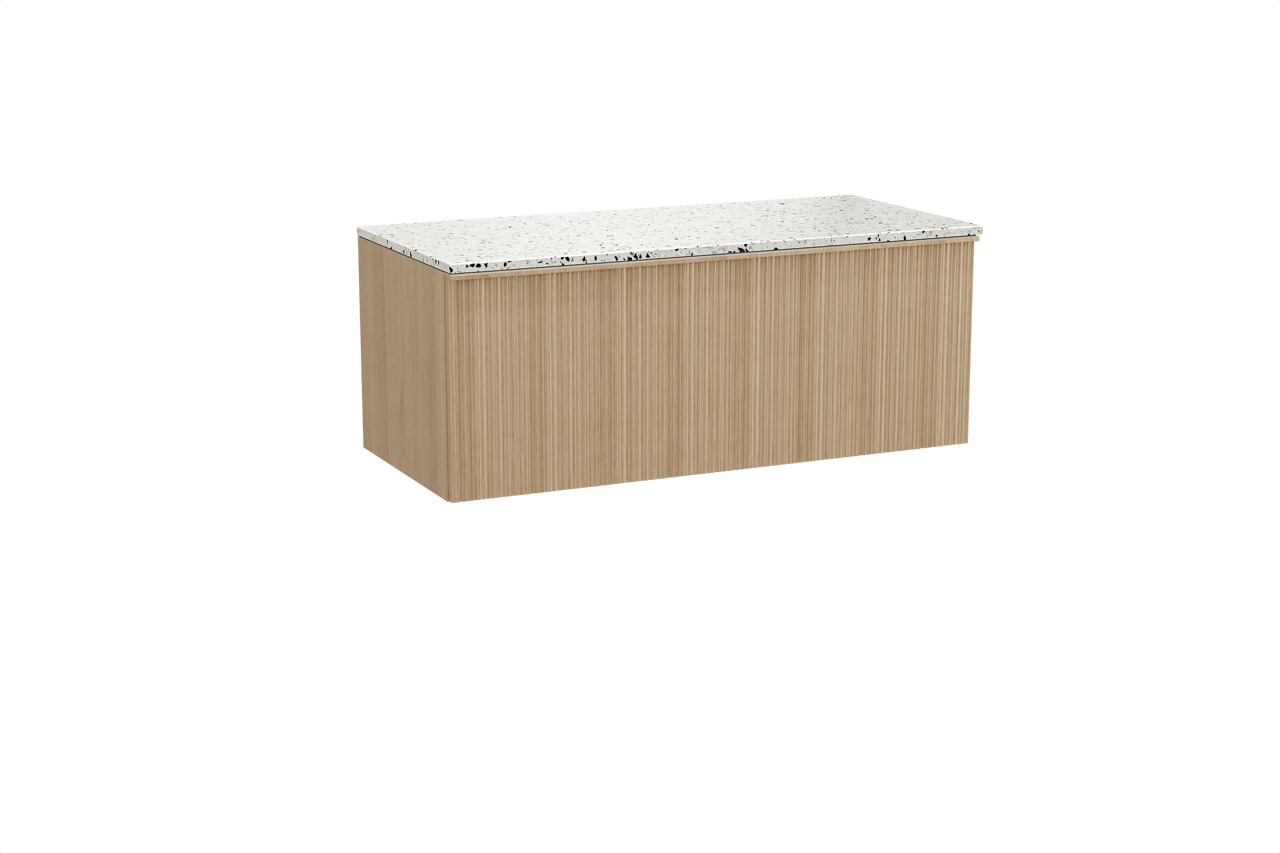 Balmani Forma meuble salle de bains suspendu 120 x 55 cm chêne naturel avec Stretto tablette simple ou double en blanc/noir mat terrazzo, Nervure circulaire asymétrique verticale