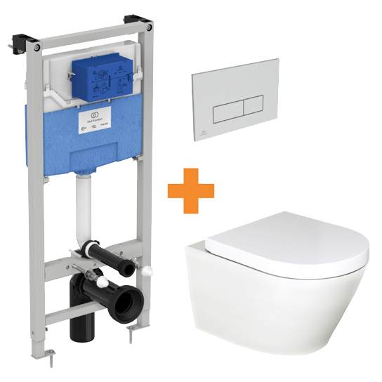 Luca Varess Calibro hangtoilet mat wit randloos met inbouwreservoir en gratis Ideal Standard Oleas M2 mat chroom bedieningspaneel