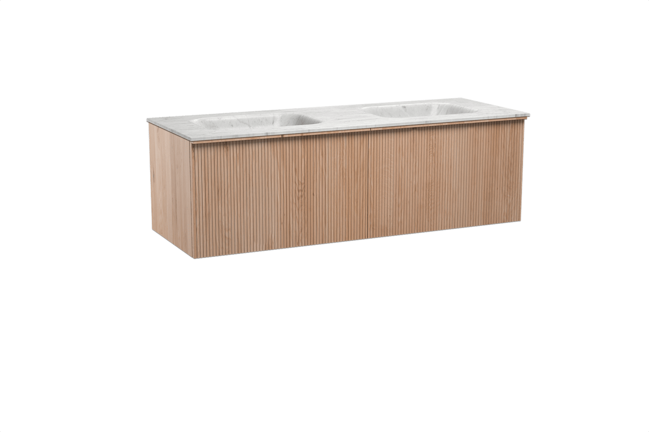 Balmani Forma hängendes Möbelstück Set: 150 x 55 cm, Naturbelassene Eiche, mit Tablo Arcato Doppelwaschtisch, Marmor, Carrara, Vertikale symmetrische gerade Rippe