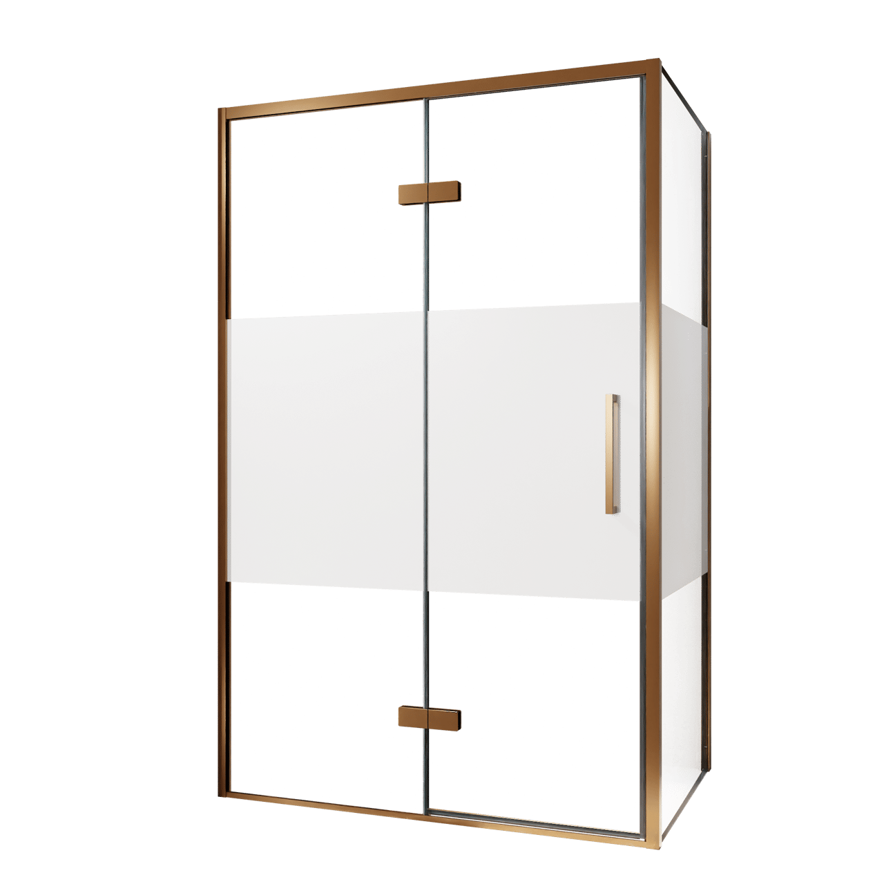 Balmani Senses Design Eckdusche: Drehtür (Links) mit fixierte Seitenwand, 120 x 80 cm, Klarglas mit mattiertem Streifen, Profil Brushed Rosegold, inklusive Coating
