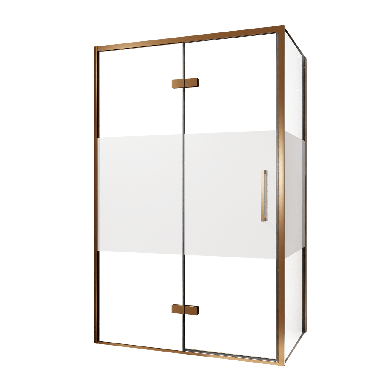 Balmani Senses Design douche en coin avec porte pivotante à gauche et paroi latérale fixe, 120 x 90 cm, Verre transparent avec bande matte, Profil Brushed Rosegold, coating inclus, coating inclus