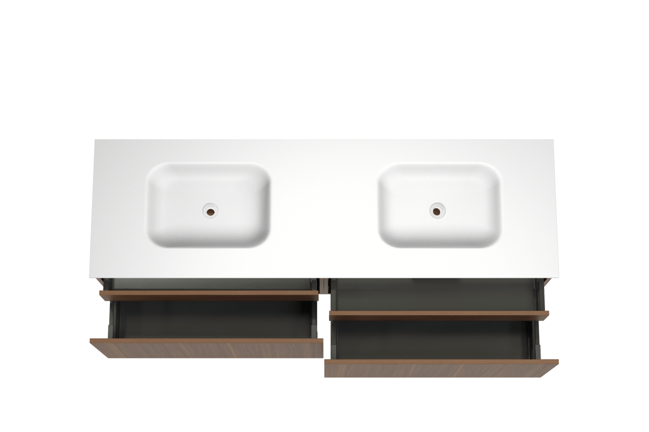 Balmani Sfera meuble salle de bains suspendu 180 x 55 cm noyer américain avec Tablo Arcato double vasque en solid surface blanc mat