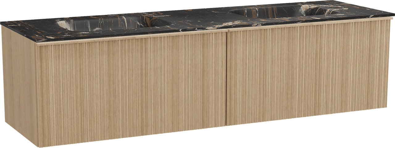 Balmani Forma hängendes Möbelstück Set: 180 x 55 cm, Naturbelassene Eiche, mit Tablo Arcato Doppelwaschtisch, Marmor, Portoro Gold, Vertikale asymmetrische Runde Rippe