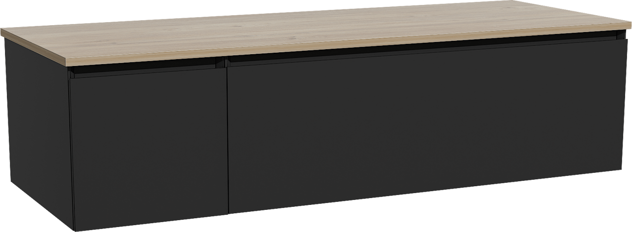 Storke Edge zwevend badmeubel 140 x 52 cm mat zwart met Panton enkel of dubbel wastafelblad in melamine ruw eiken