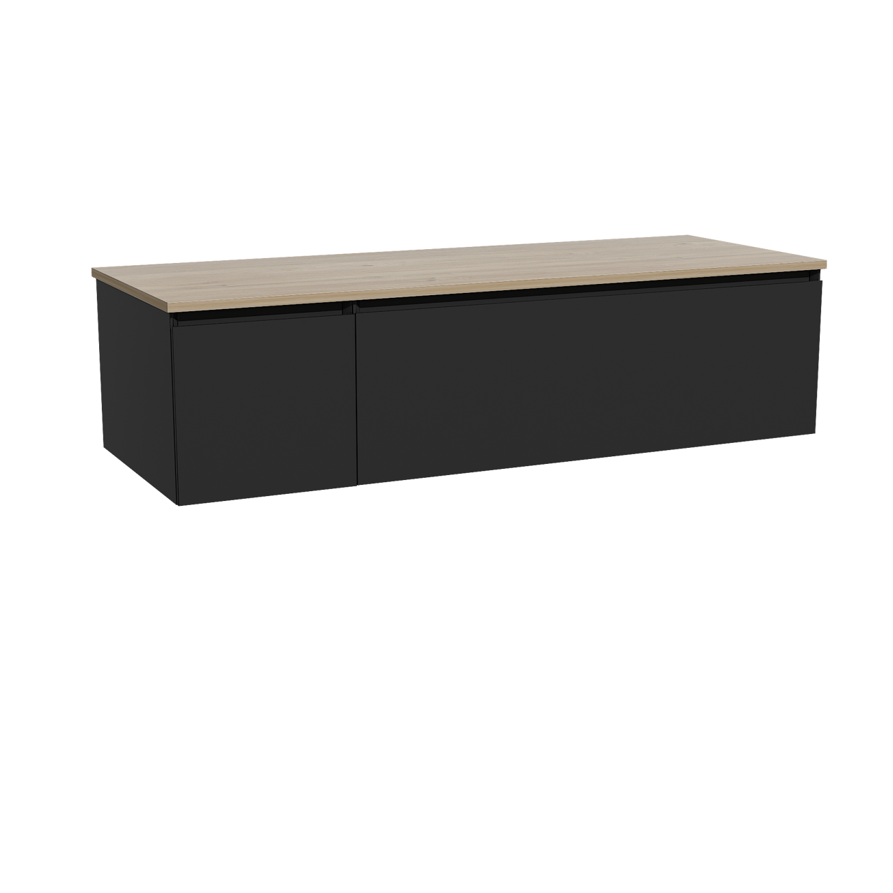 Storke Edge zwevend badkamermeubel 140 x 52 cm mat zwart met Panton enkel of dubbel tablet in melamine ruwe eik