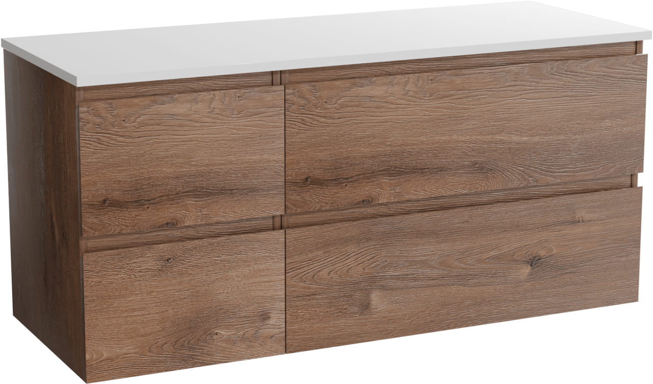 Linie Lado hängendes Möbelstück Set: 120 x 46 cm, Braune Eiche, mit Lado Doppel Waschtischplatte, Marmorkomposit Weiß matt