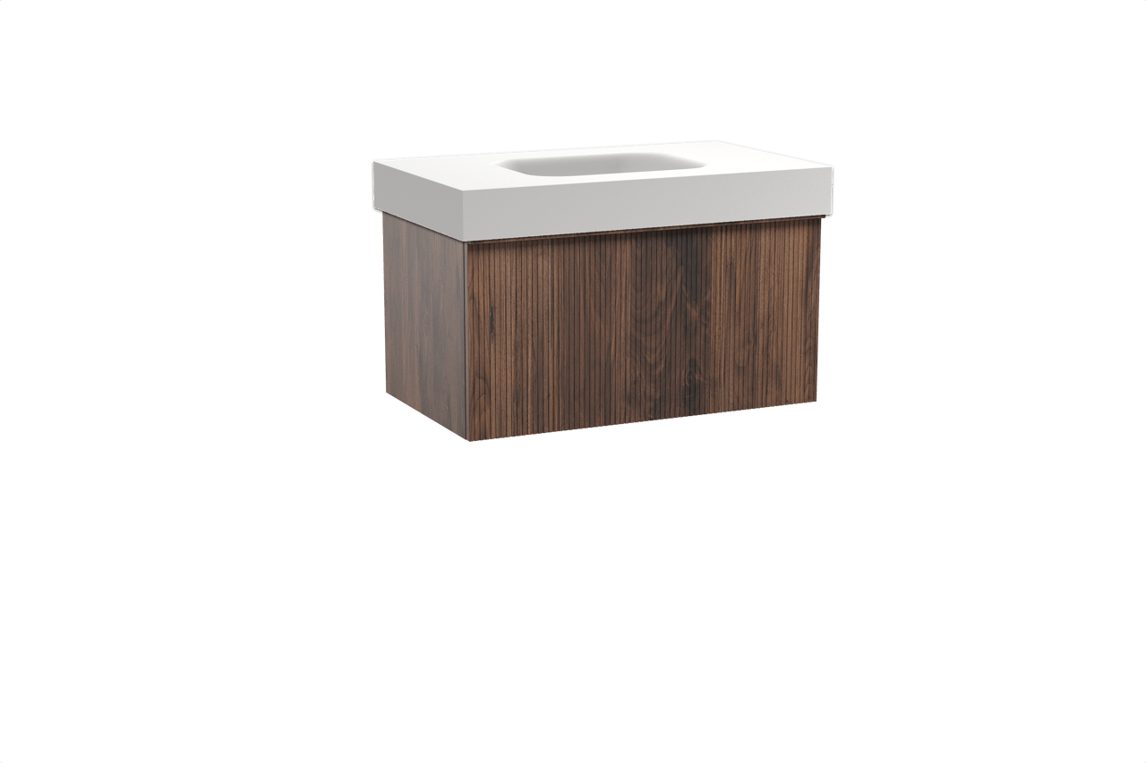 Balmani Forma meuble salle de bains suspendu 90 x 55 cm noyer américain avec Arcato plan simple en solid surface blanc mat, Nervure droite symétrique verticale