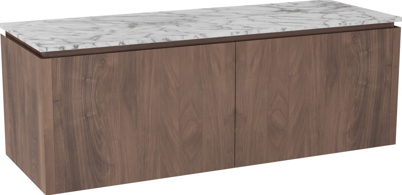 Balmani Eclips hängendes Möbelstück Set: 150 x 55 cm, Amerikanischer Nussbaum, mit Stretto Einzel- oder Doppel Waschtischplatte Carrara-Marmor